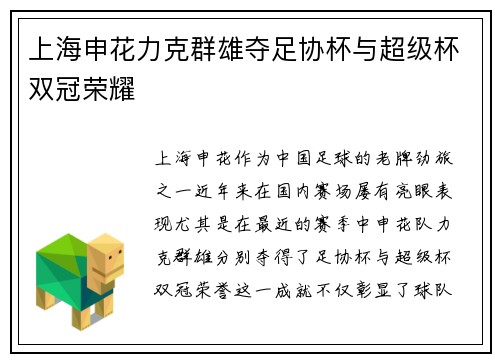 上海申花力克群雄夺足协杯与超级杯双冠荣耀