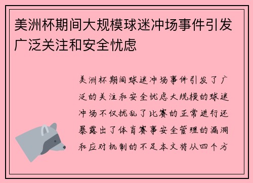 美洲杯期间大规模球迷冲场事件引发广泛关注和安全忧虑